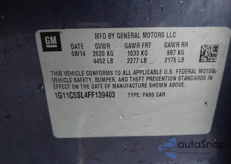 2015 Chevrolet Malibu 1Lt from USA, damaged, VIN 1G11C5SL4FF139403